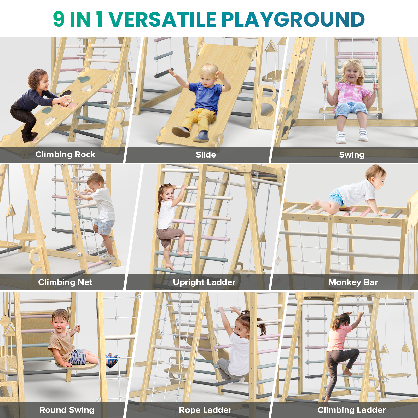 Safari Land - Juegos de columpios de gimnasio de jungla para interiores BlueWood®*Morandi